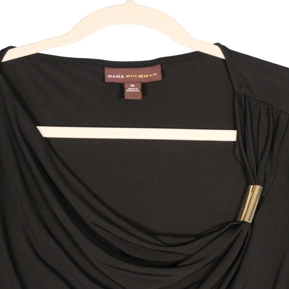 Dana Buchman Tunic Blouse Womens XL Black Draped Neckline Gold Detail Stretch - Picture 4 of 9